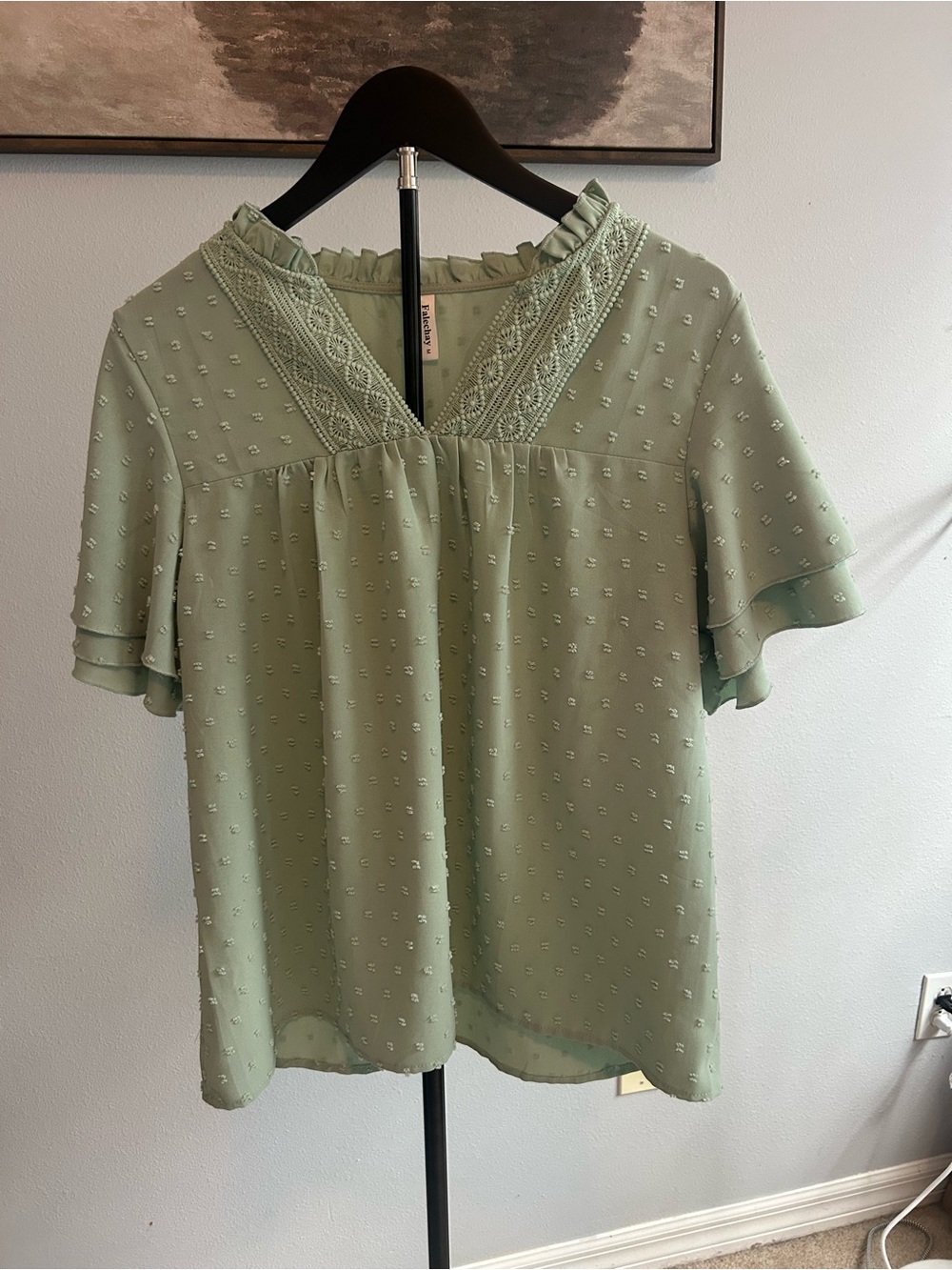 Light Mint Swiss Dot Ruffled V-Neck Blouse